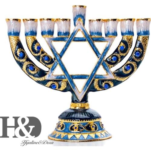 H&D Star of David Menorah Hand Painted Enamel Candelabra 9 Branch With Candlestick For Hanukkah Home Party Decoration Land Gift