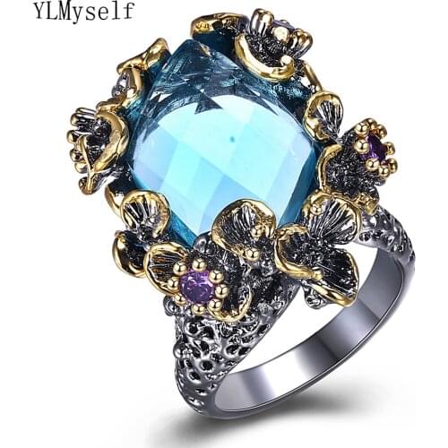 Fantastic big rectangle blue crystal rings trendy jewelry black plated fast shipping high quality jewellery large ring flower