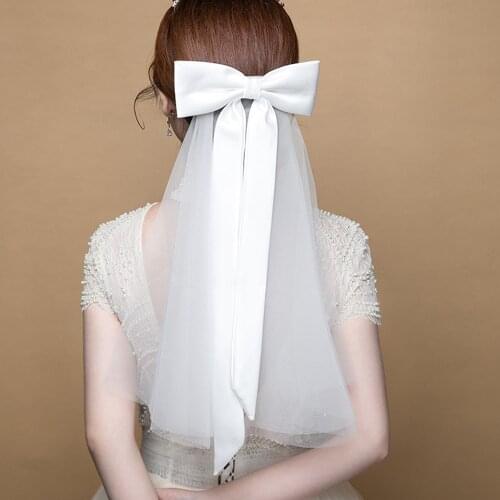 HONGFUYU Hair Veil With Clips Handmade Wedding Accessories Engagement Hairwear White Headdress Bow knot Bridal Veil