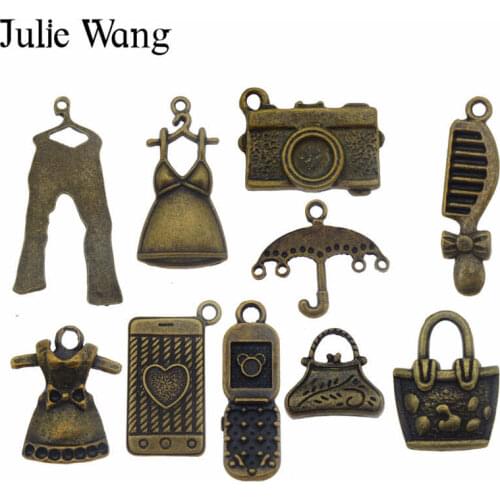 Julie Wang 10PCS Mixed Clothes Handbag Phone Charms Bronze Alloy Daily Necessities Necklace Bracelet Jewelry Making Accessory