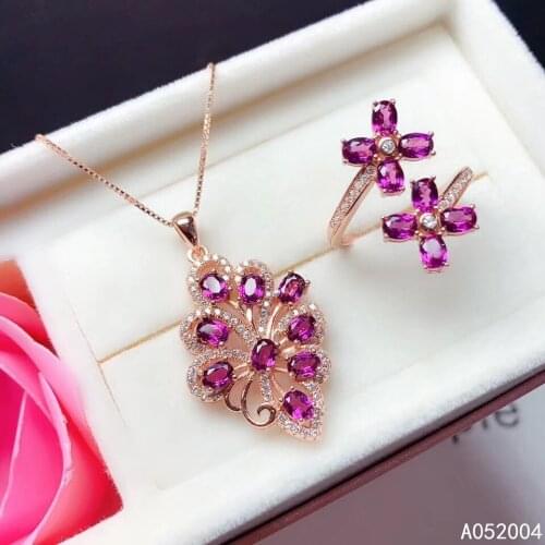 KJJEAXCMY Fine Jewelry 925 sterling silver inlaid natural garnet female ring pendant set elegant Support detection