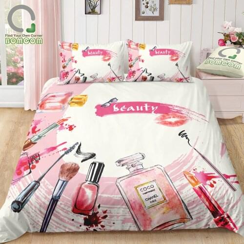 BOMCOM 3D Digital Printing Duvet Cover Set Beauty Girl Cosmetics Collection Makeup Fashion Woman Bedding Set 100% Microfiber