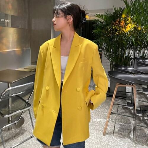 Korean Solid color Blazers Ladies 2021 High Quality Fashion Long Sleeve Lapel Double Breasted Jacket Yellow Casual Women Coats