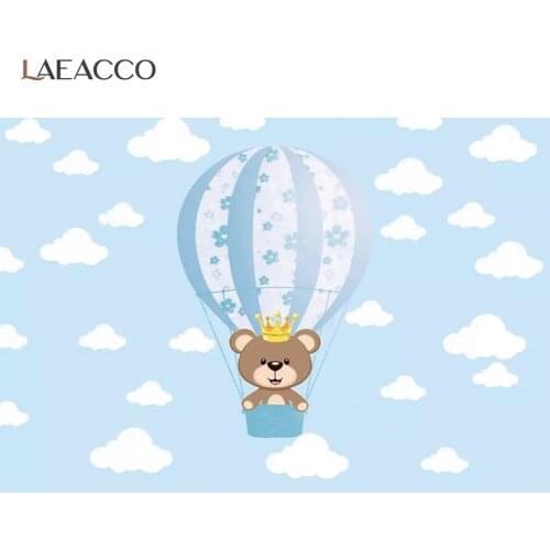 Laeacco Cartoon Crown Bear Blue Hot Balloons Photography Backdrop Baby Birthday Party Portrait Clouds Background Photo Studio