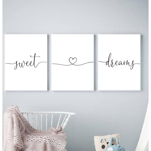 Minimalist Black and White Sweet Dreams Quotes Heart Love Canvas Painting Nursery Posters Prints Wall Art Pictures for Bedroom