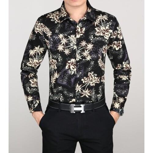 Mens Floral Dress Shirts Long Sleeve Male Fashion Flowers Printed Clothes Hawaiia Dresses Free Shipping