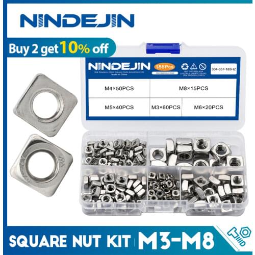 NINDEJIN 185pcs Square Nuts Assortment Kit A2 Stainless Steel M3 M4 M5 M6 M8 Metric Square Nuts Set Din557 Four-sided Nuts