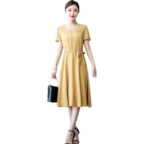 Summer dress women yellow XL-5XL plus size 2020 new temperament v neck slim red bow short sleeve pleated dresses feminina LD1339