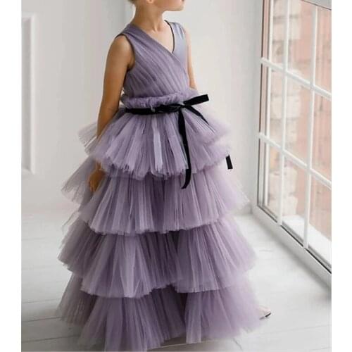 Princess Floor Length Flower Girl Dresses Party Tulle Sleeveless V Neck with Tier
