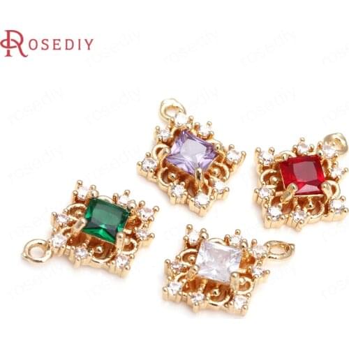 10PCS 11x14MM 24K Champagne Gold Color Brass and Zircon Rhombus Charms Pendants Jewelry Making Supplies Diy Findings Accessories