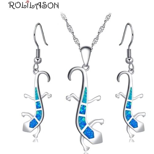 ROLILASON Large earrings pendant necklace Silver stamped 925 Blue Gecko fire opal set for women party gift OS036