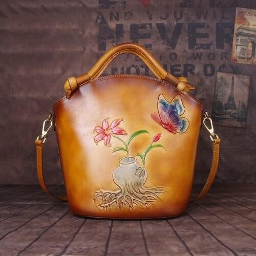 Handmade Retro Female Luxury Handbags Women Bags 2021 Summer Bucket Embossing Cowhide Leisure Shoulder Crossbody Bags Sac A Main
