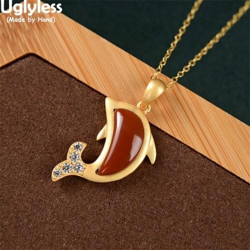 Uglyless Protect Ocean Jumping Dolphin Jewelry Sets Women Moon Shaped Agate Emerald Pendants No Chains 925 Silver Studs Earrings