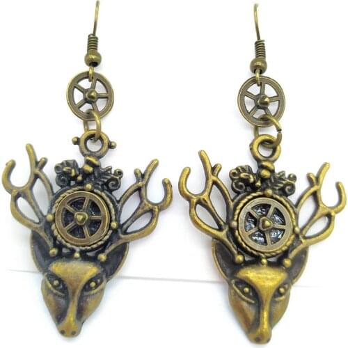 Gothic Vintage Deer Head Gear Metal Drop Earrings Punk Cool Fashion Trendy Movement Gear Elk Animal Earrings Statement Jewelry