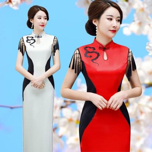 Traditional Chinese Dress Gown Improved Women banquet Cheongsam white and red party Vestidos Elegant Slim Qipao