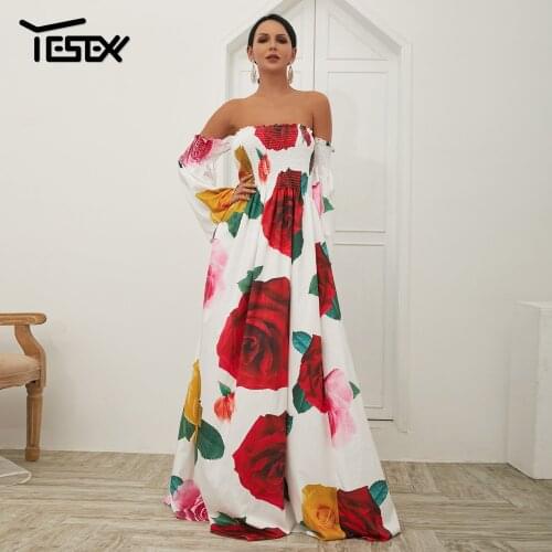 Yesexy Sexy Off the Shoulder Flower Print Beach Dress Slash Neck Backless Elegant Boho Long Sleeve Dress Women Dress VR18421-1