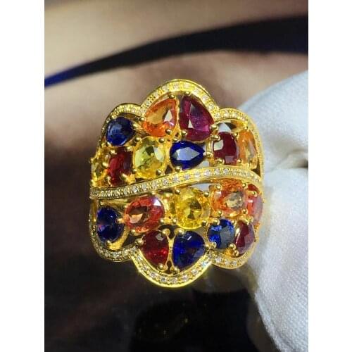 Fine Jewelry Pure 18K Yellow Gold Real 100% Natural Red Ruby Sapphire 6.35ct Diamonds Jewelry Females Rings for Women Fine Ring