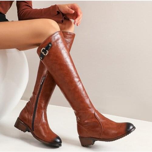 Knee High Boots 2020 Big Size 34-48 Buckle Women Zipper Round Toe Square Heels Platform Shoes Autumn Winter Boots Female Black