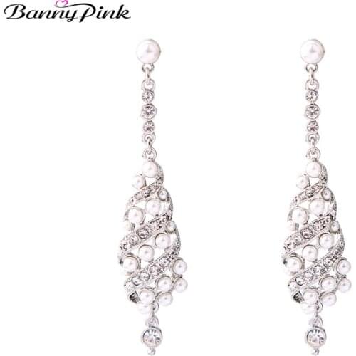 Banny Pink Elegant Imitation Pealrs Rhinestone Statement Post Earrings For Women Chunky Long Geo Pendant Studs Earring Pendiente