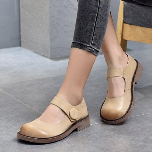 2021 Spring Genuine Leather Womens Shoes Big Toe Shoes Flat Heel Velcro Pumps Mori Female Doll Head Single Shoes Velcro