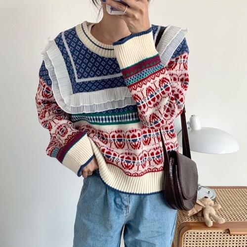 Vintage French Patchwork Sweater Women Winter Long Sleeve Ruffles Knitted Sweaters Elegant Korean sweater pull femme
