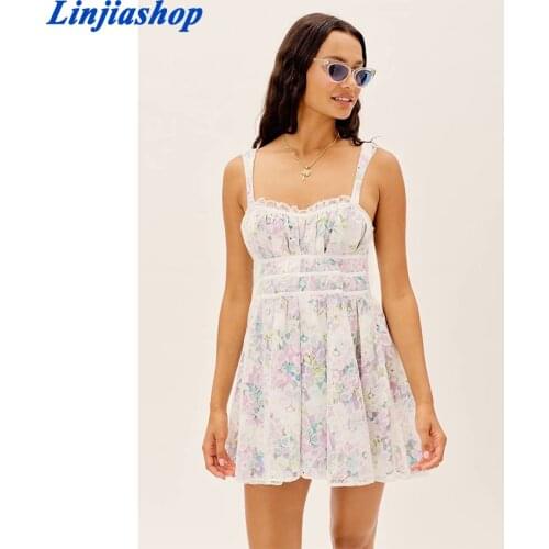 Elegant floral print spaghetti strap short dress Summer holiday style high waist dress lace ruffled women mini dress Vestidos
