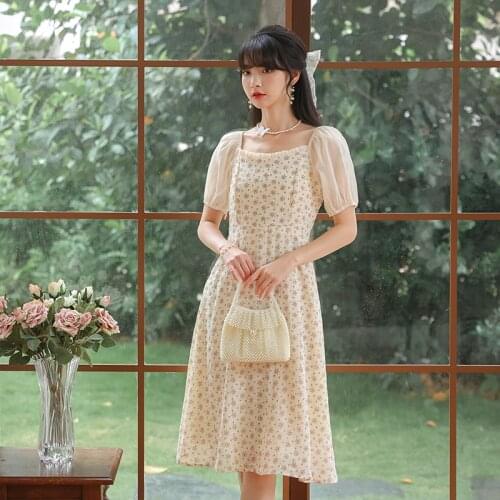 Dresses For Women 2021 Chiffon Print Sweet Retro Dress Summer French Romantic Girl Ruffled Square Neck Elegant Fairy Vestidos