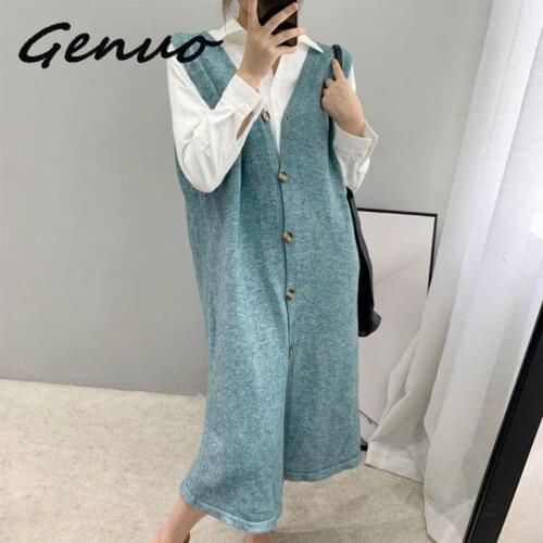 Genuo New 2019 Autumn and Winter Womens Dress Casual Solid Color V-neck Sleeveless Knit Dress Vestidos Knitted Vest Dress