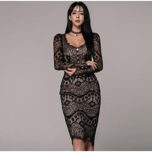 Spring Dress Women Vestidoes Korean Style Edition Fashion Slim Mid Dresses Lace Hollow Out Long Sleeves Sexy Club Lady Dress