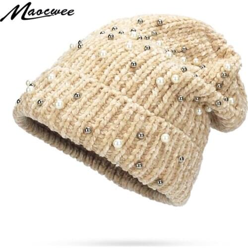 Winter Womens Beanie Hat Casual Polyester Shine Pearls&Rhinestones Beanies For Women Skullies Hats Bonnet For Female 2018