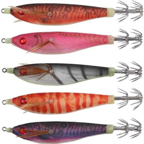 20Pcs Squid Lure Wood Shrimp Squid Hook Jigs Jigging Artificial Baits 3D Eyes Fishing Lure Fishing Tackle