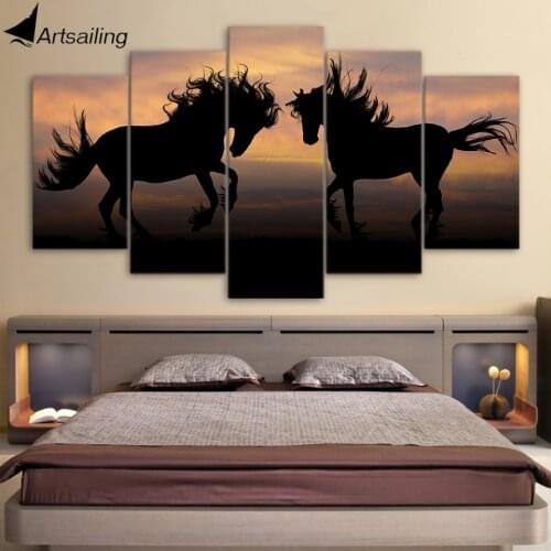 HD Printed 5 Piece Canvas Art Galloping Black Horses Painting Shadow Wall Pictures for Living Room Decor Free Shipping NY-7111B