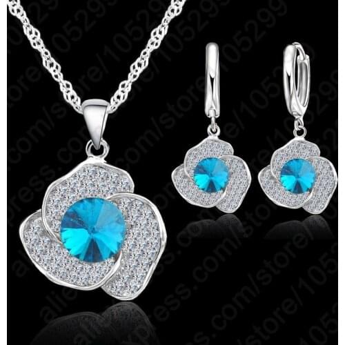 Flower Shape 6 Colors Jewelry Cubic Zirconia Pendant 925 Necklace Earrings Sets for Girls Festival Gift