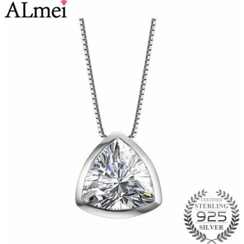 Almei Solid 925 Sterling Silve Jewelry Shiny Triangel Cubic Zirconia Female Pendant & Necklace for Women with Box 40% LN001