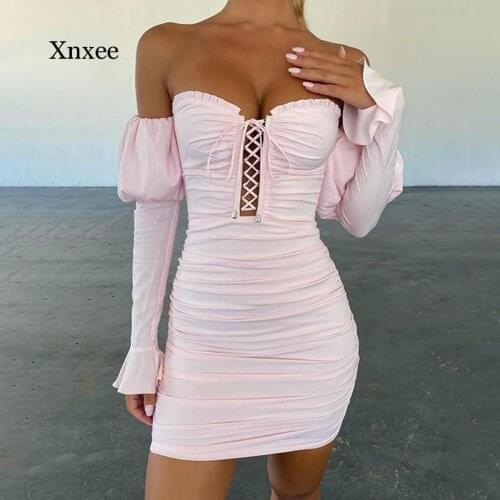 Hollow Out Pink Party Dress Women Off The Shoulder Puff Sleeve Fashion Strap Zipper Ruched Outfit Short Sexy Bodycon Dress