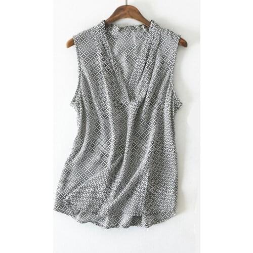Women Summer Silk Blouse V neck Sleeveless office wear casual elegant natural silk blouses Geometric print real silk shirt tops