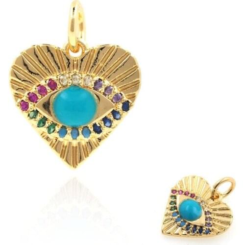 CZ Micropavé Heart Pendant, Gold Heart Necklace, Evil Eye, Lucky Eye Jewelry 20.5x15x2.5mm
