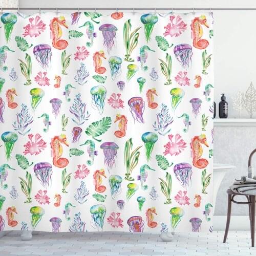 Jellyfish Decor Shower Curtain Pattern with Colorful Seahorses Jellyfish and Seaweed Algae Fun Cheerful Design Polyester Fabric