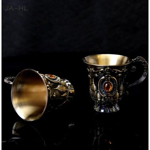 Mini Spirits Wine Glasses Cup 30ml Relief Retro Diamond Pattern Goblet Spirits Drinking Alloy Antique Wine Gift Retro Decoration