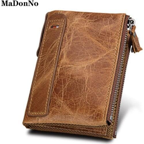Crazy Horse Leather Mens Wallet RFID Blocking Short Wallet Double Zipper Coin Purse Mens Leather Wallet Carteira Masculina