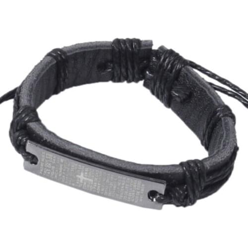 Metal Bible Verse Charm Lettering Cross Bracelet for Men Prayer Quotes Adjustable Leather Bracelets Bangles Religious Jewelry