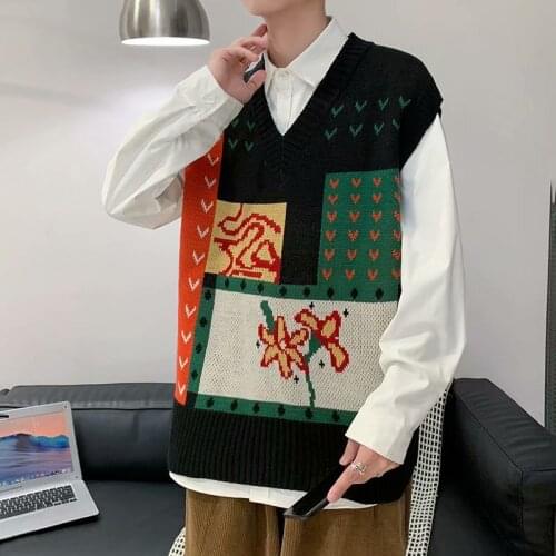 Mens Womens Autum Sweater Vest Jumpers Korean Clothes Vintage Flowers Graphics Black Sleeveless V-neck Sweater Mens Clothes