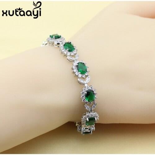 New Flower Green Imitated Emerald White Crystal Sterling Silver Jewelry Overlay Adjustable Link Chain Bracelet Length 18+3 cm