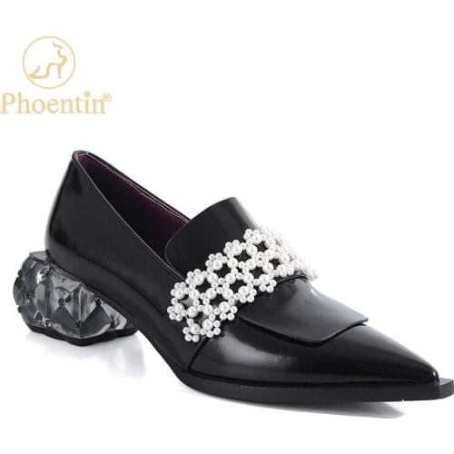 Phoentin real leather Loafers 2020 autumn new elegant woman pumps pointy pearl crystal heels women shoes mid heel FT1114