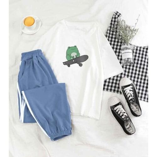 Sweatpants Set Tracksuit Casual Tops for Women Kawaii Cute Frog Sweatpants Trousers Outfits T Shirt Fashion Pullover Suits