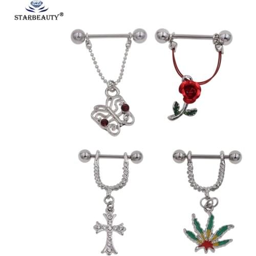 Starbeauty 1Pair Silver color Rose Flower Tree Cross Barbell Nipple Ring Body Piercing earrings for women girls Jewelry Gift