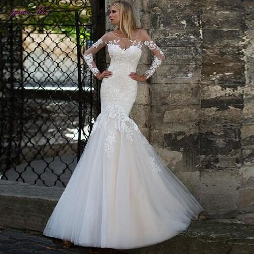 Julia Kui Gorgeous Scoop Neckline Of Mermaid Wedding Dress With Full Sleeve Symmetrical Lace