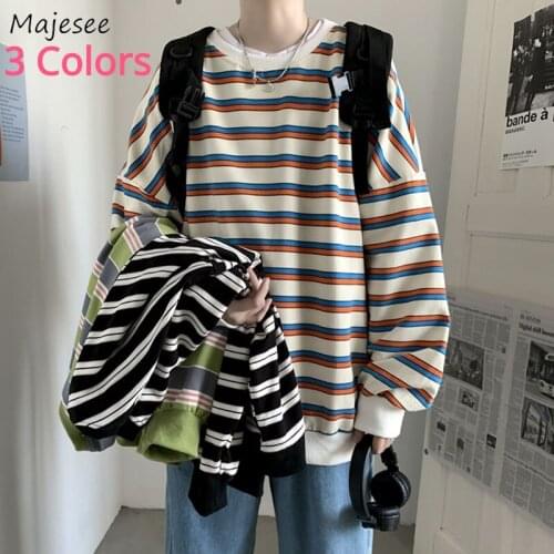 Spring Man No Hat Hoodies Striped Baggy Round-neck Collage Couple Ins Hipsters Paneled Top Oversized Men Clothing Sweatshirt New