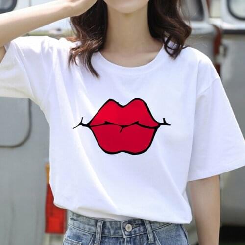 Summer Womens T-shirt Sexy Lips Printed T-shirt Graphic Short Sleeve White T-shirt Casual Woman Top Tee