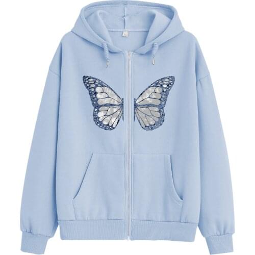 Butterfly Zipper Hoodie Women Cotton Graphic Hoodie Y2k Clothes Pocket Long Sleeve Pullovers Streetwear Fashion Outwear Female